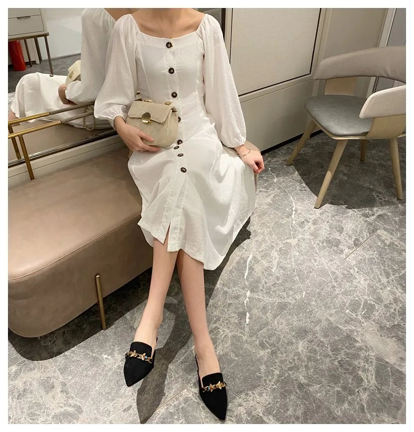 New Women Slippers Pointed Toe Rubber Metal Chains Flat Slide Footwear Fashion Casual Mule Shoes Big Size 41 42 Zapatos De Mujer