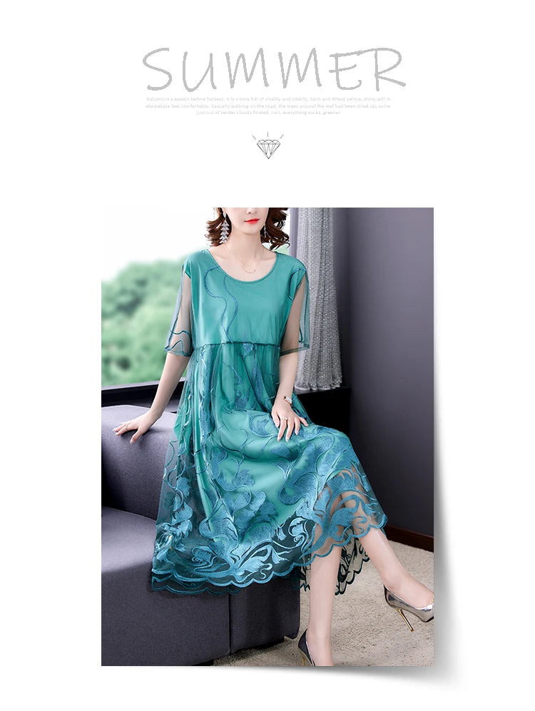 High Street Natural Silk Floral Embroidery Midi Dress Summer Casual Vintage Loose Beach Dress 2024 Women Elegant Party Vestidos