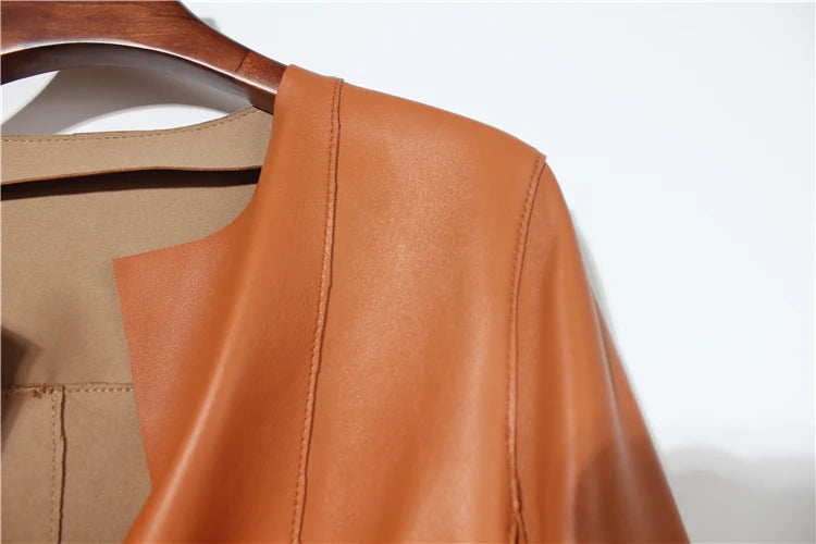 European Fashion Women Clothing Female Real Leather Jacket Mujer Draw Back Round Neck Pleated Belt Caramel Coat Veste Femme
