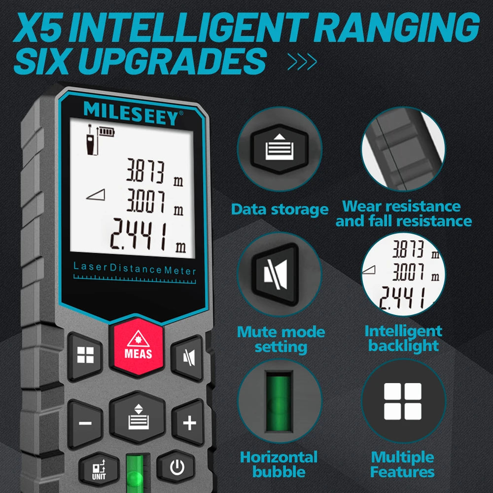 Mileseey Laser Distance Meter X5 Rechargeable Laser Digital Tape Rangefinder Trena Metro Laser Range Finder  Measuring Tape