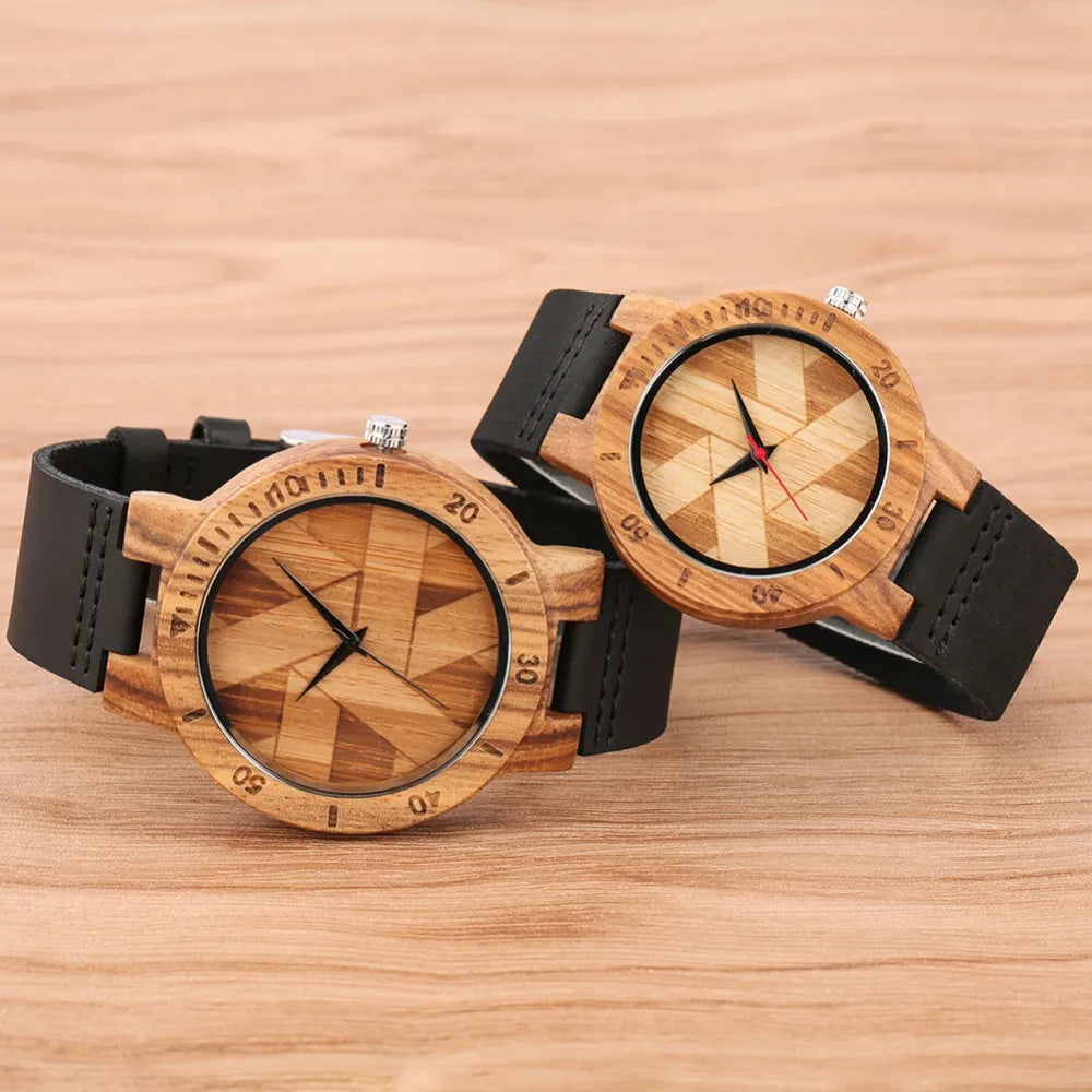 Couple Watch Unique Irregular Geometric Cut Design Men's Wooden Quartz Watches Women Dress Clock Retro Wristwatch Relojes Hombre