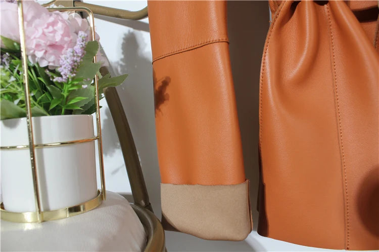 European Fashion Women Clothing Female Real Leather Jacket Mujer Draw Back Round Neck Pleated Belt Caramel Coat Veste Femme