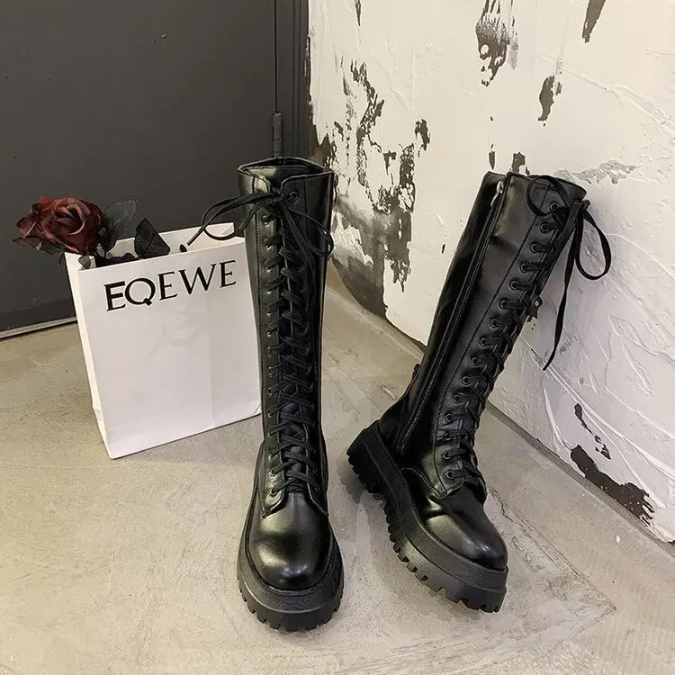 Women Motorcycle Boots Wedges Flat Shoes Woman High Heel Platform PU Leather Boots Lace Up Women Shoes Black Boots Girls2021