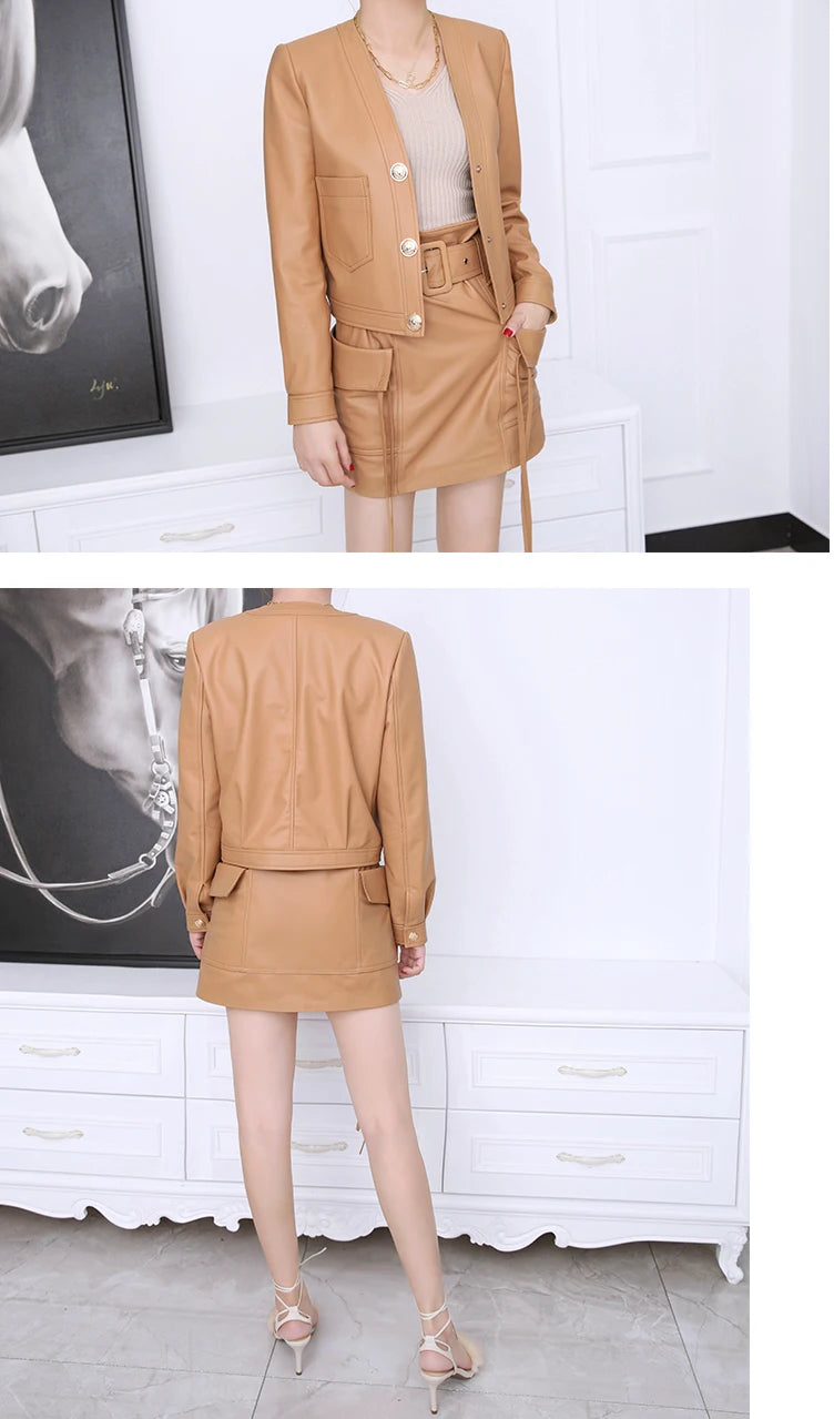 Mujer Roupas Autumn/Winter Female Genuine Leather V-Neck Big Gold Buckle Casual Pocket Short Coat Camel/Black Chic Jacket Women