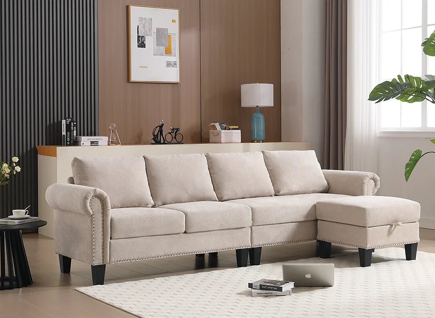 Convertible U-Shape Sectional Sofa Set with Storage Four-seater Modern Polyester Fabric for Hotel & Villa Living Rooms