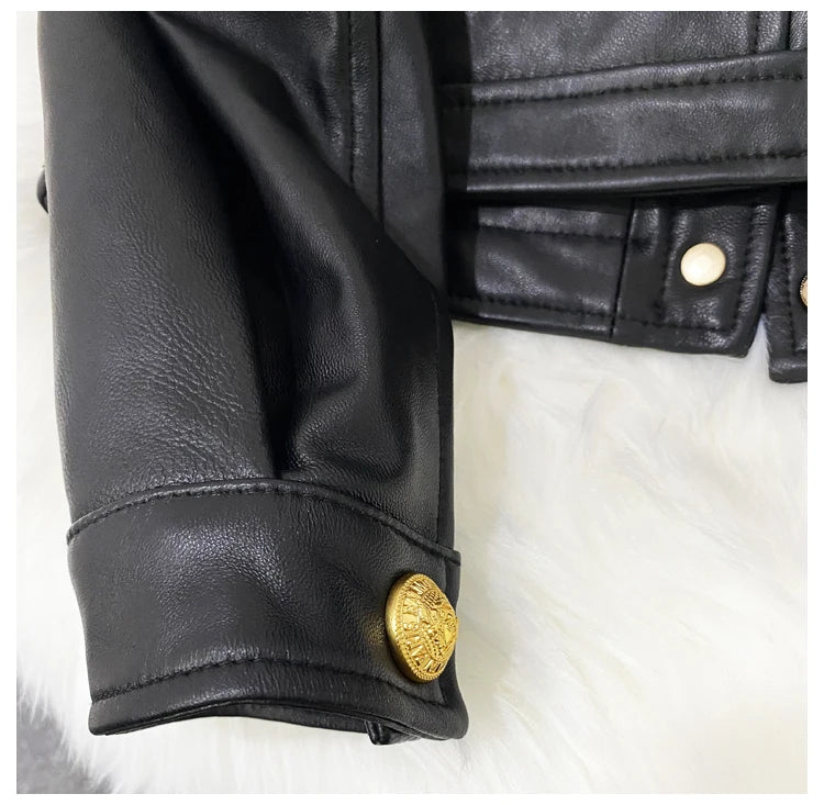 Mujer Roupas Autumn/Winter Female Genuine Leather V-Neck Big Gold Buckle Casual Pocket Short Coat Camel/Black Chic Jacket Women
