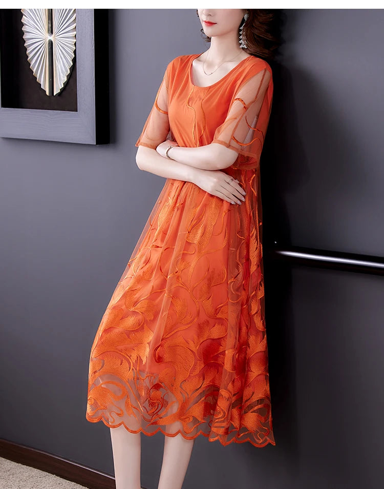 High Street Natural Silk Floral Embroidery Midi Dress Summer Casual Vintage Loose Beach Dress 2024 Women Elegant Party Vestidos