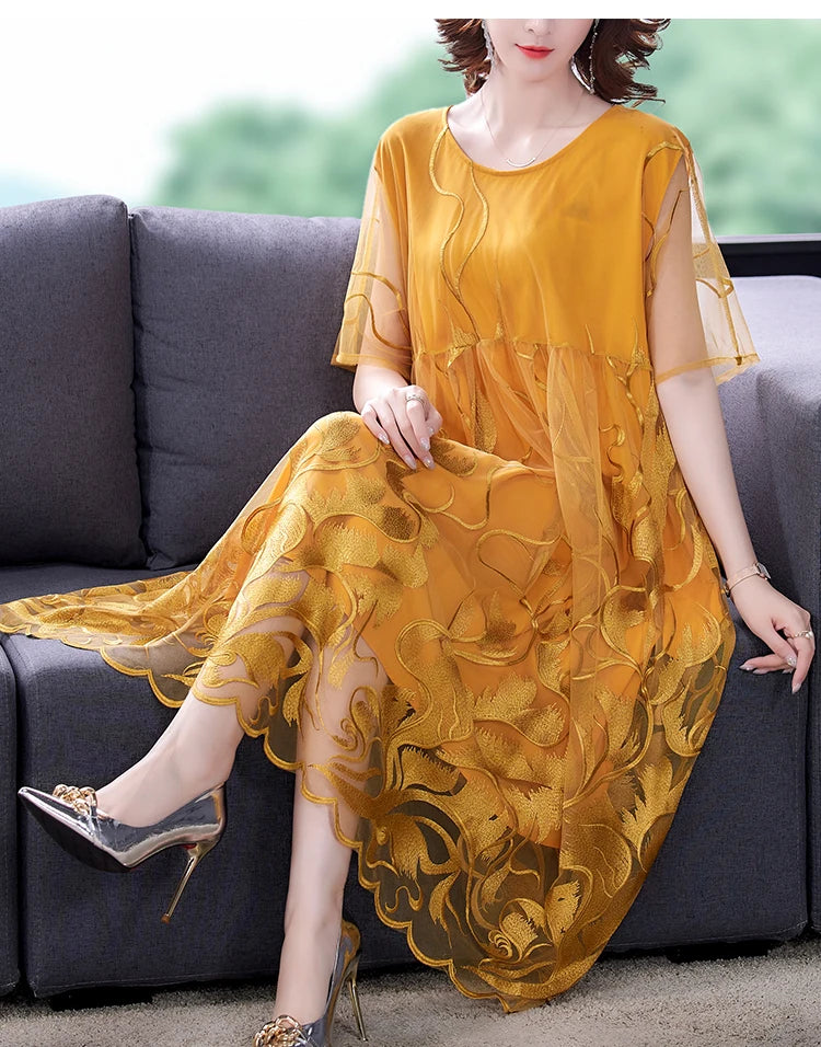 High Street Natural Silk Floral Embroidery Midi Dress Summer Casual Vintage Loose Beach Dress 2024 Women Elegant Party Vestidos