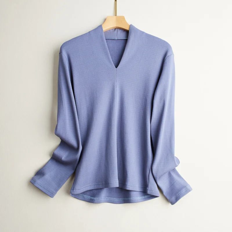 Silk Long Sleeve T-Shirt Elastic Slim Fit V-neck Pullover Thread Solid Color Mulberry Silk Brushed Women's Bottoming Shirt