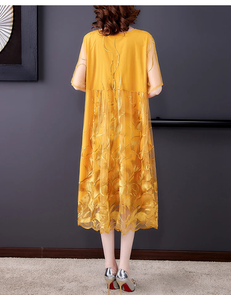 High Street Natural Silk Floral Embroidery Midi Dress Summer Casual Vintage Loose Beach Dress 2024 Women Elegant Party Vestidos