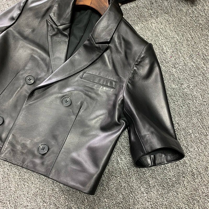 Fashion Autumn Genuine Leather Short Coat Women Short Sleeve Double Breasted Turn-Down Collar Office Lady Sheepskin Suit Jacket