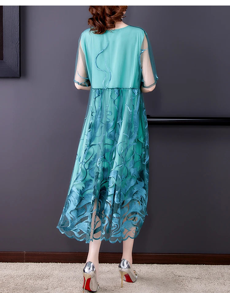 High Street Natural Silk Floral Embroidery Midi Dress Summer Casual Vintage Loose Beach Dress 2024 Women Elegant Party Vestidos