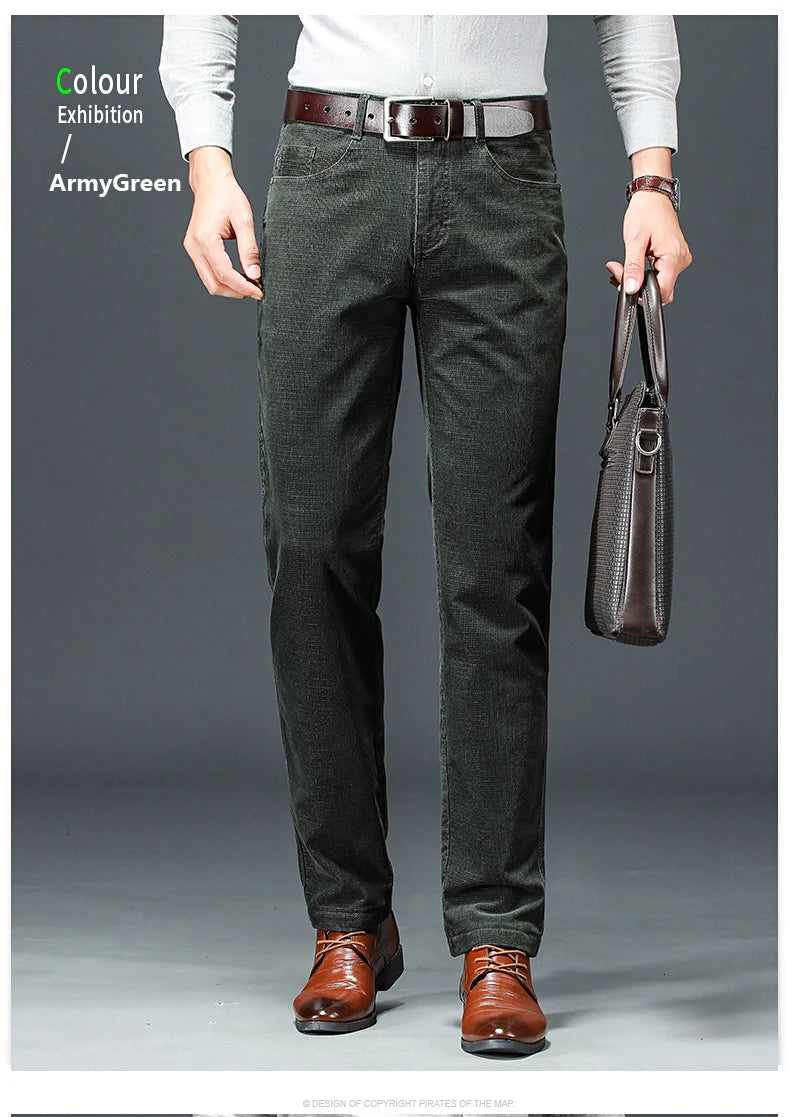 Spring Autumn New Men Pants Corduroy Fabric Comfortable Soft Casual Business Office Male Trousers Khaki Apricot Black Blue