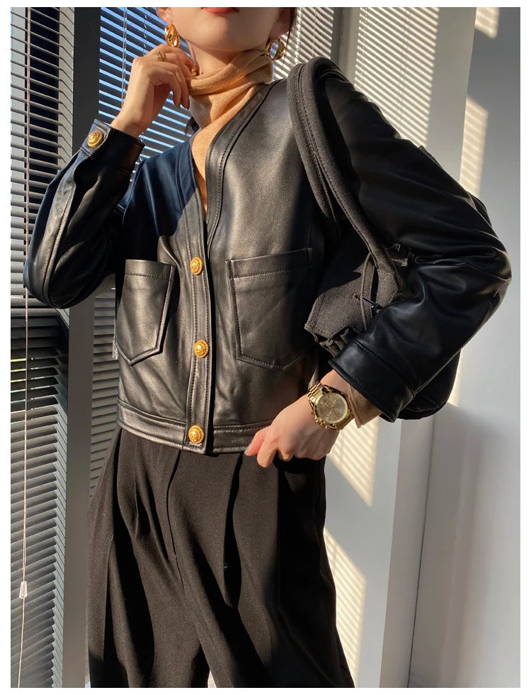 Mujer Roupas Autumn/Winter Female Genuine Leather V-Neck Big Gold Buckle Casual Pocket Short Coat Camel/Black Chic Jacket Women