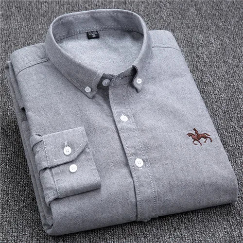 S-6XL Casual Pure Cotton Oxford Mens Shirts Long Sleeve Embroidery Horse Design Regular Fit Fashion Button Man White Dress Shirt