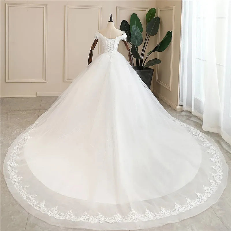 Shiny Wedding Gowns Sweet Boat Neck Wedding Party Ball Gown Off Shoulder Wedding Dresses Customized For Women