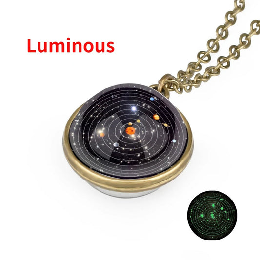 Luminous Solar System Necklace Nebula Galaxy Planet Universe Double Sided Glass Ball Necklaces