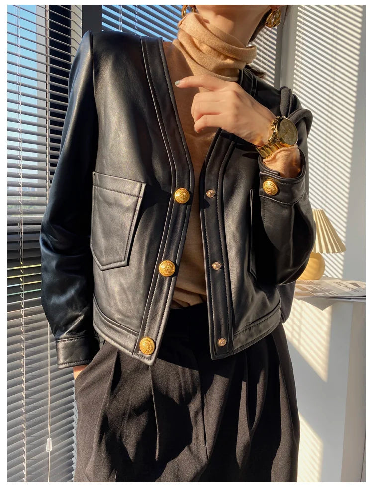 Mujer Roupas Autumn/Winter Female Genuine Leather V-Neck Big Gold Buckle Casual Pocket Short Coat Camel/Black Chic Jacket Women