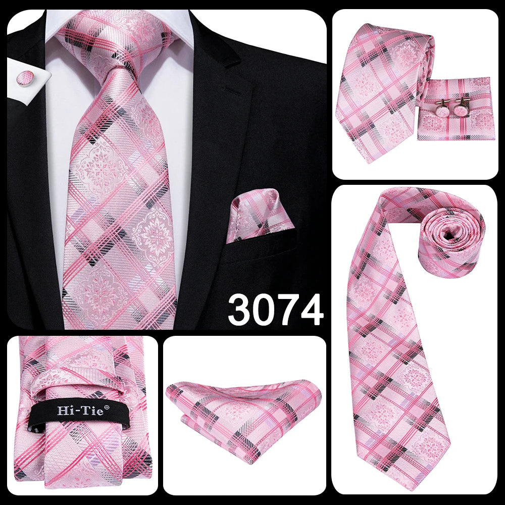 Hi-Tie Silk Men Tie Peach Pink Floral Wedding Necktie for Men Luxury Necktie Handkerchief Cufflink Fashion Design Business