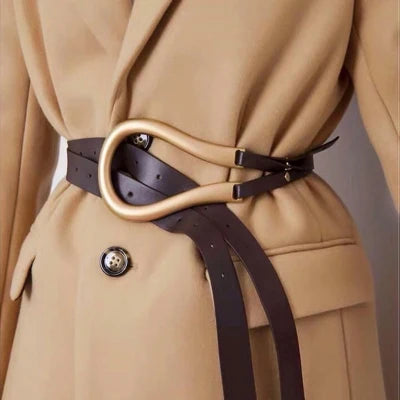 NEW Genuine Leather double Belts Luxury Metal U Buckle belt women girls retro vintage large belt for coat jeans black white