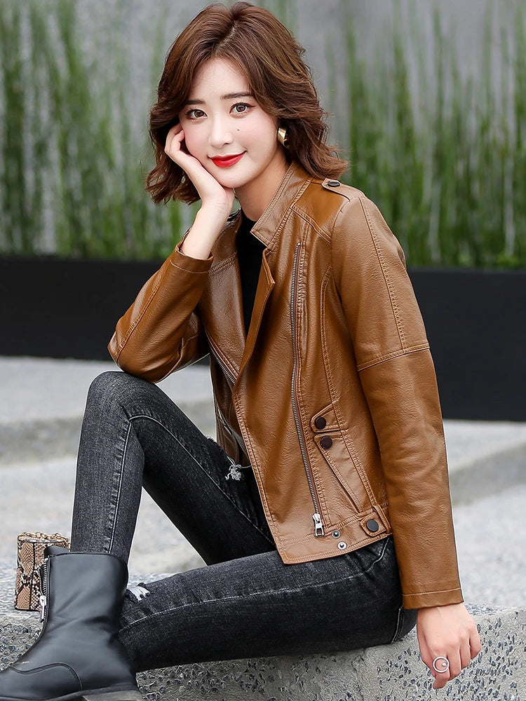 M-5XL New Women Leather Jacket Spring 2025 Fashion Solid Color Slim Short Sheepskin Coat Moto&Biker Style Tops Outerwear Female