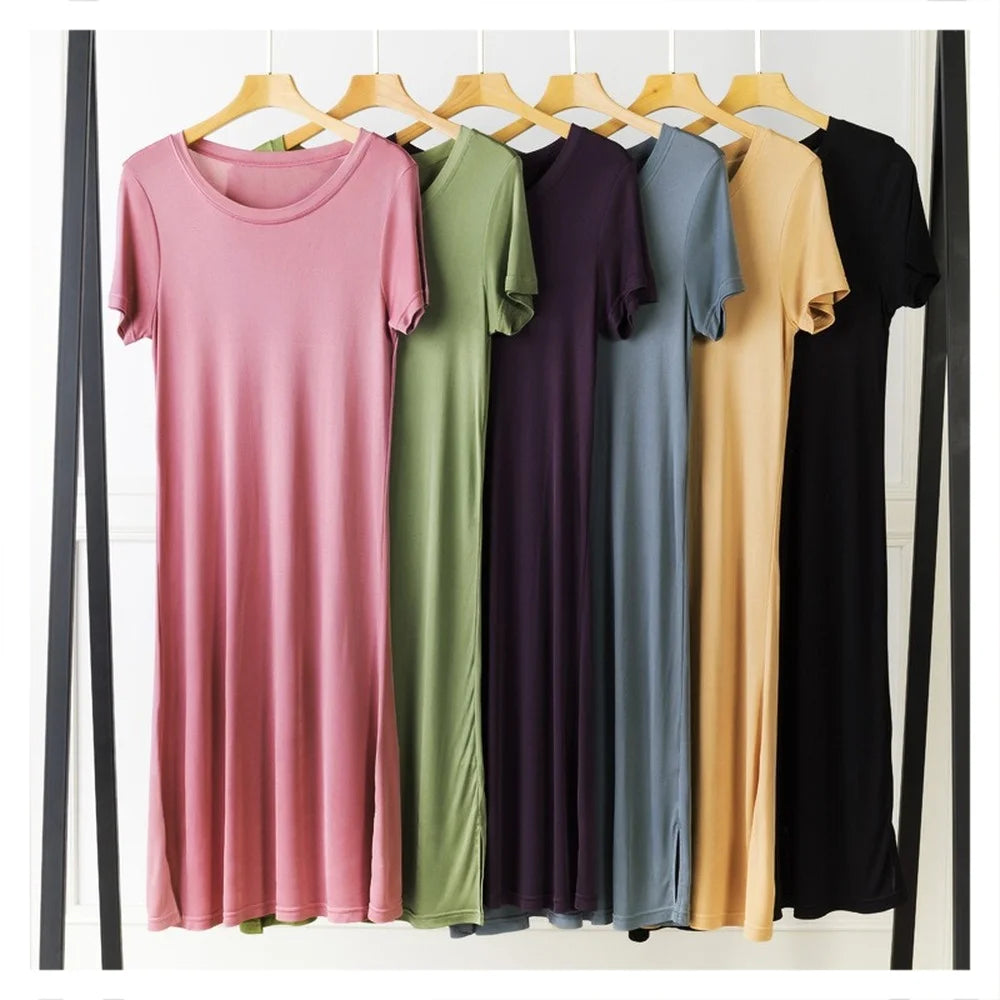 Knitted Silk Dress Solid Color Large Medium Long Mulberry Silk Short Sleeve Round Neck Bottomed Skirt