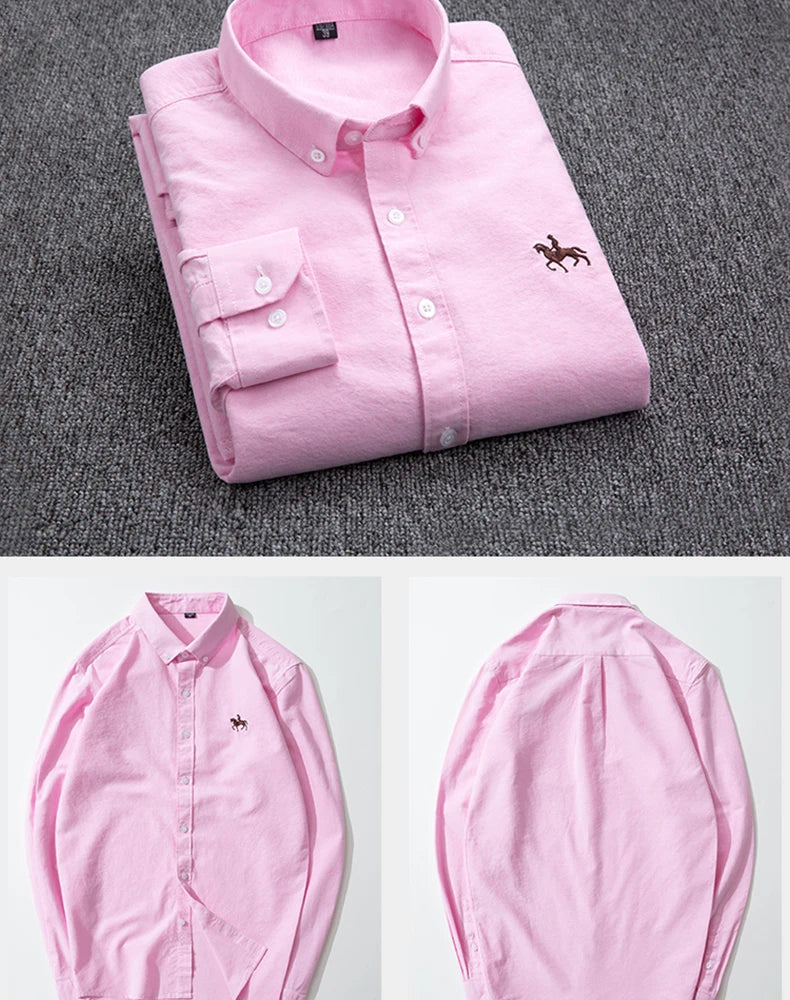 S-6XL Casual Pure Cotton Oxford Mens Shirts Long Sleeve Embroidery Horse Design Regular Fit Fashion Button Man White Dress Shirt