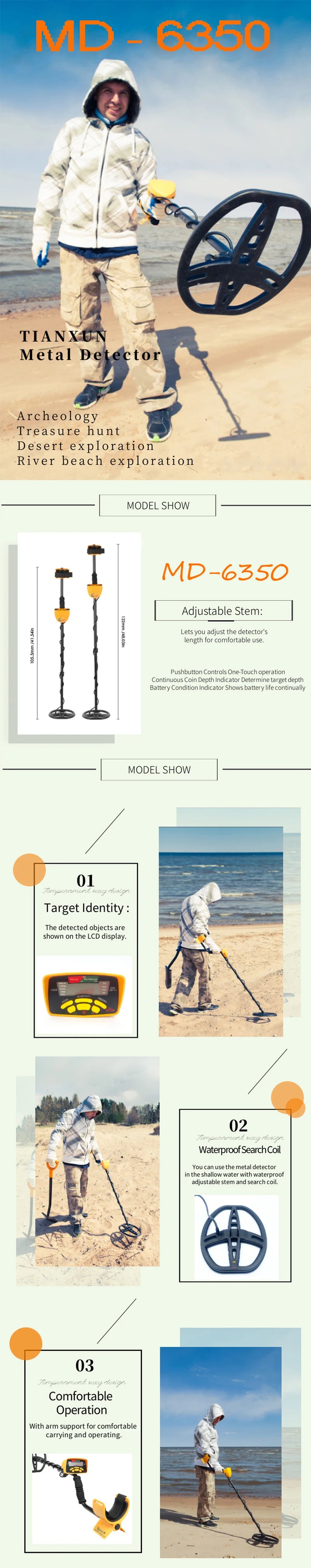 MD-6350 High-sensitivity Metal Detector, a professional treasure hunt detection device for gold Prospectors (Battery-free)