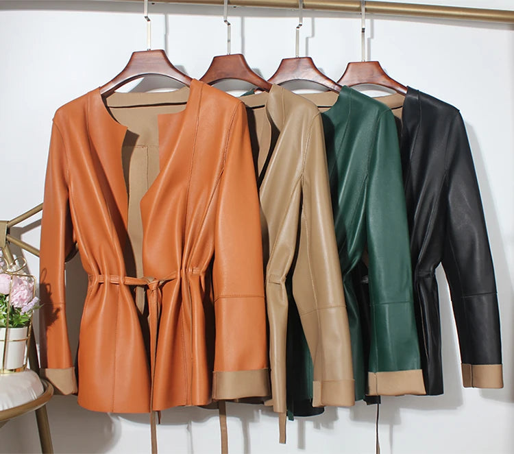 European Fashion Women Clothing Female Real Leather Jacket Mujer Draw Back Round Neck Pleated Belt Caramel Coat Veste Femme