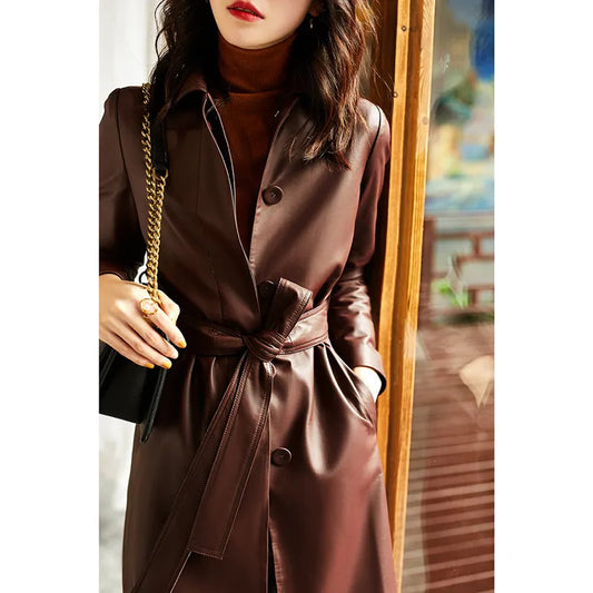 Women's Large Size Leather Coat Lace up Genuine Sheepskin Long Trench Jacket Top for Spring And Autumn