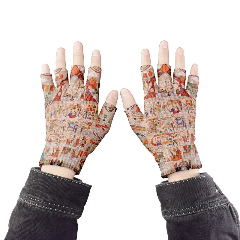 Cartoon Mashup Colorful Pattern Mittens Wrist Spring Summer Fingerless Working Gloves Soft Women Knitted Gloves Open Fingered