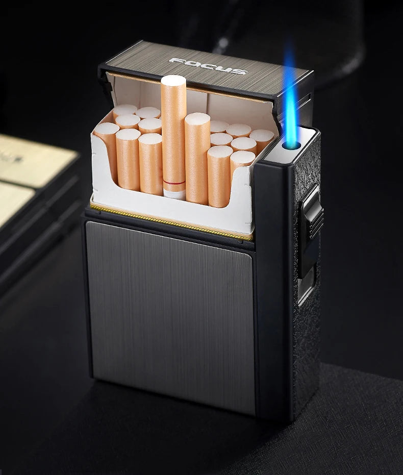 20 Sticks Cigarette Case Metal Lighter Turbo Butane Cigarette Capacity Gas Cigarette Lighter Gadget Lighter Box Men's Gift