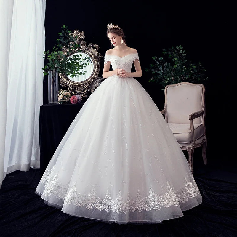 Shiny Wedding Gowns Sweet Boat Neck Wedding Party Ball Gown Off Shoulder Wedding Dresses Customized For Women