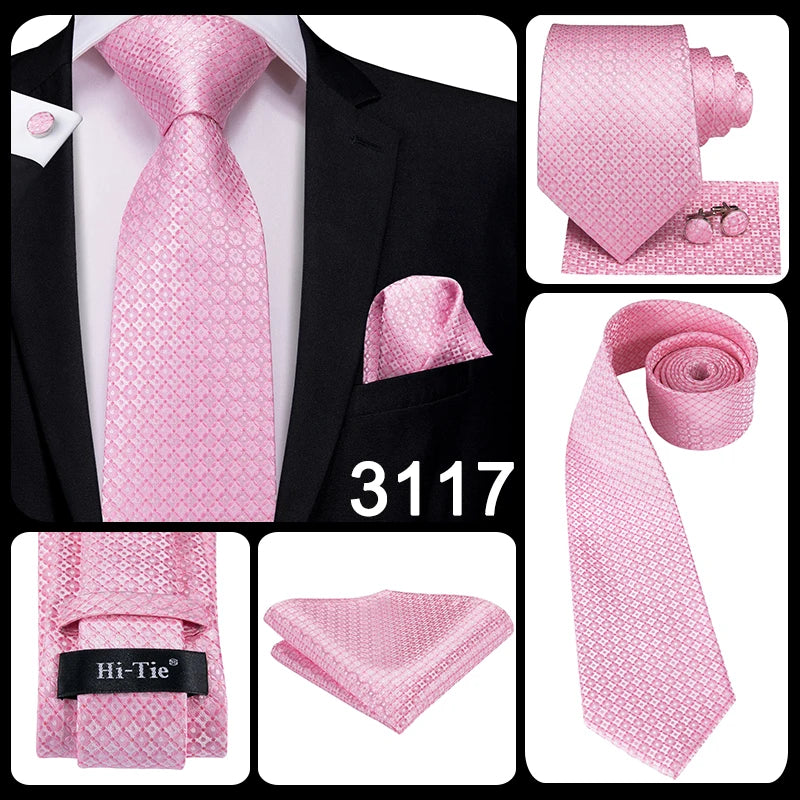 Hi-Tie Silk Men Tie Peach Pink Floral Wedding Necktie for Men Luxury Necktie Handkerchief Cufflink Fashion Design Business