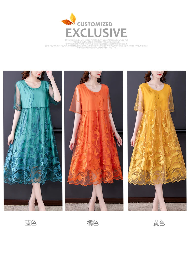 High Street Natural Silk Floral Embroidery Midi Dress Summer Casual Vintage Loose Beach Dress 2024 Women Elegant Party Vestidos