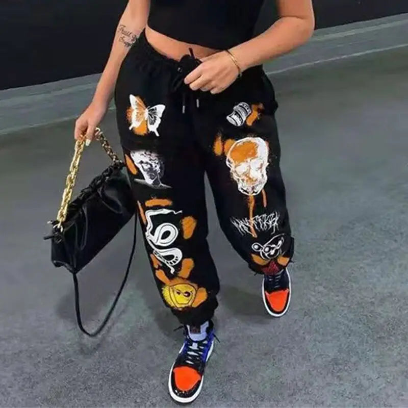Sweatpants Women Hippie Cartoon Printed Trouser Joggers for Women Drawstring Cargo Pants Streetwear Casual Sweatpant Vamos Todos