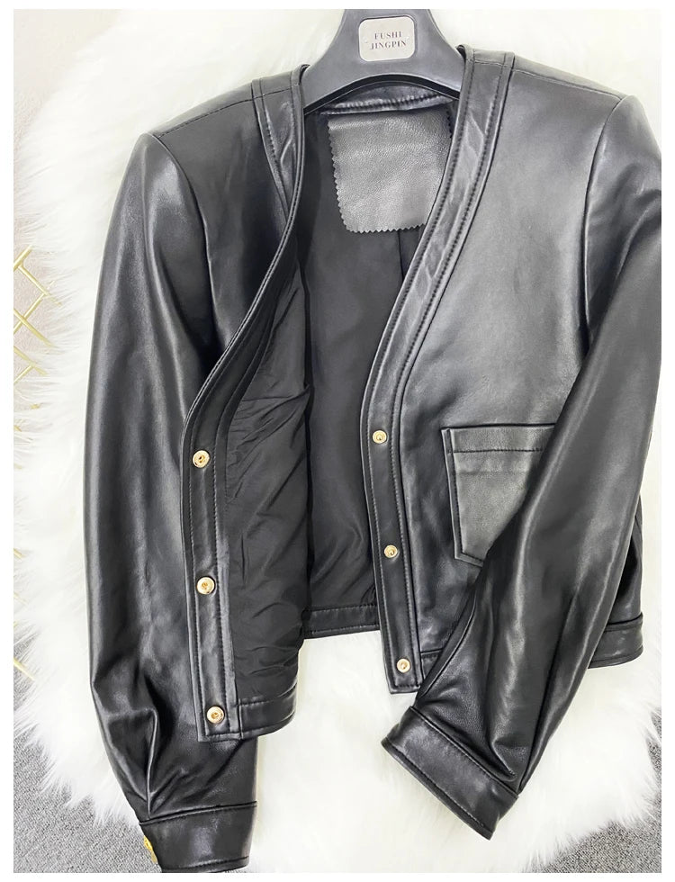 Mujer Roupas Autumn/Winter Female Genuine Leather V-Neck Big Gold Buckle Casual Pocket Short Coat Camel/Black Chic Jacket Women