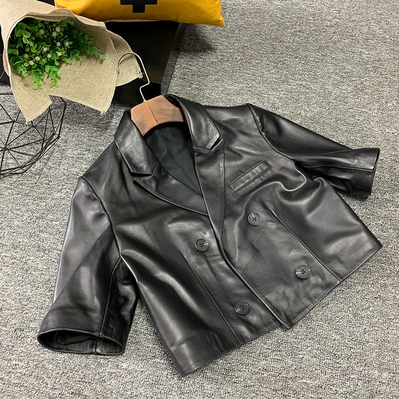 Fashion Autumn Genuine Leather Short Coat Women Short Sleeve Double Breasted Turn-Down Collar Office Lady Sheepskin Suit Jacket