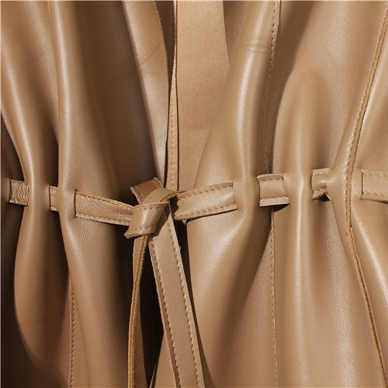 European Fashion Women Clothing Female Real Leather Jacket Mujer Draw Back Round Neck Pleated Belt Caramel Coat Veste Femme