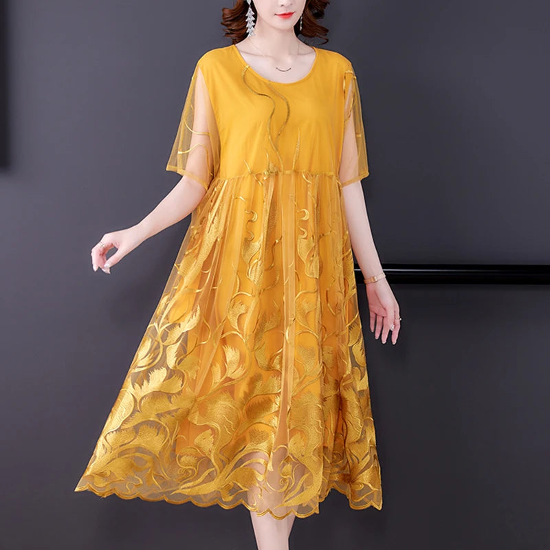 High Street Natural Silk Floral Embroidery Midi Dress Summer Casual Vintage Loose Beach Dress 2024 Women Elegant Party Vestidos