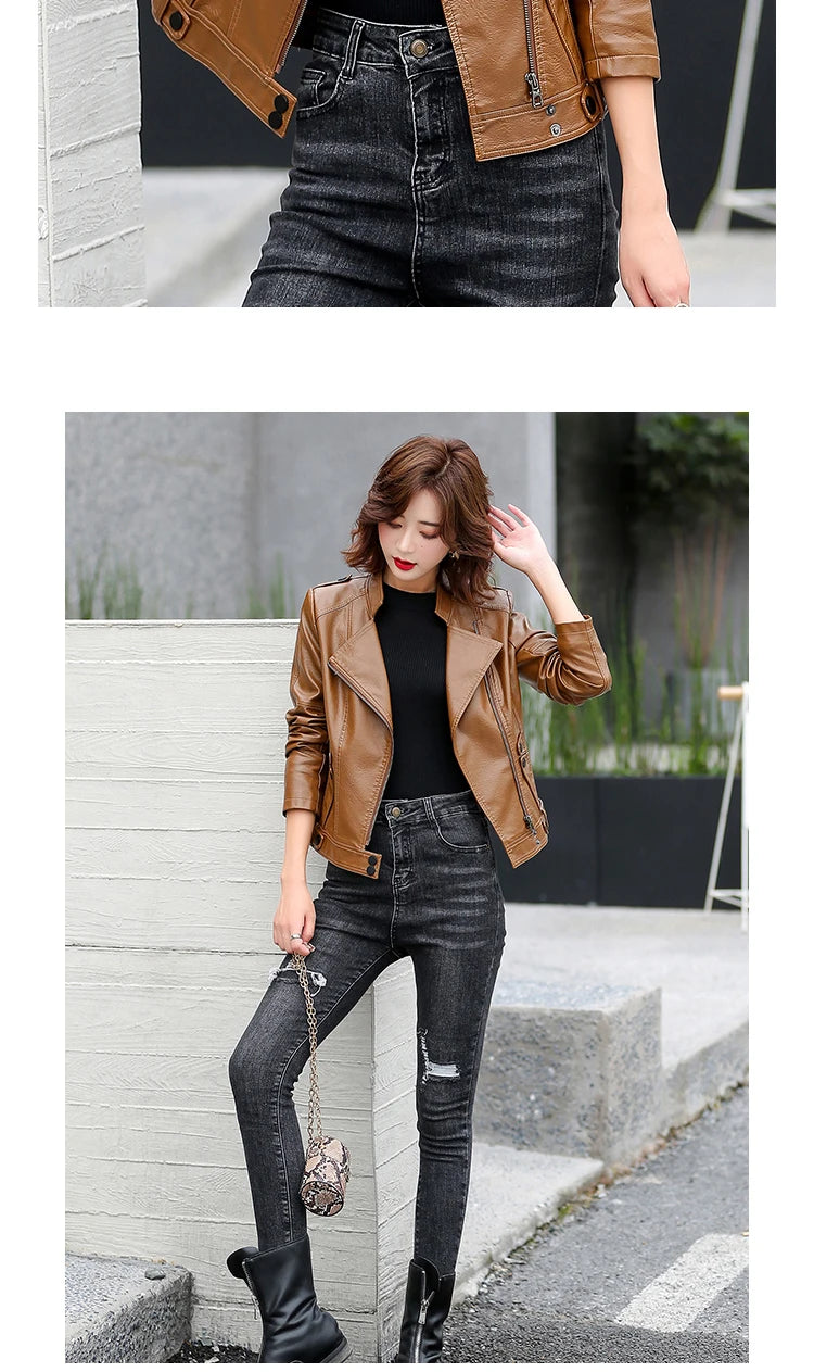M-5XL New Women Leather Jacket Spring 2025 Fashion Solid Color Slim Short Sheepskin Coat Moto&Biker Style Tops Outerwear Female