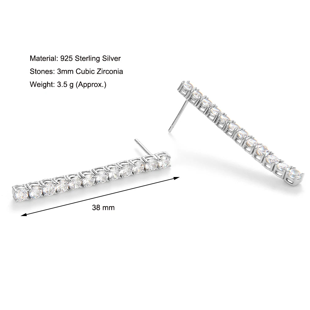 Real Sterling Silver 3mm Round Cubic Zirconia 38mm Height Dangle Design Solid 925 Metal Jewelry Tennis Earrings