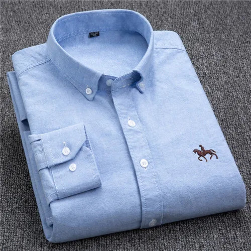 S-6XL Casual Pure Cotton Oxford Mens Shirts Long Sleeve Embroidery Horse Design Regular Fit Fashion Button Man White Dress Shirt