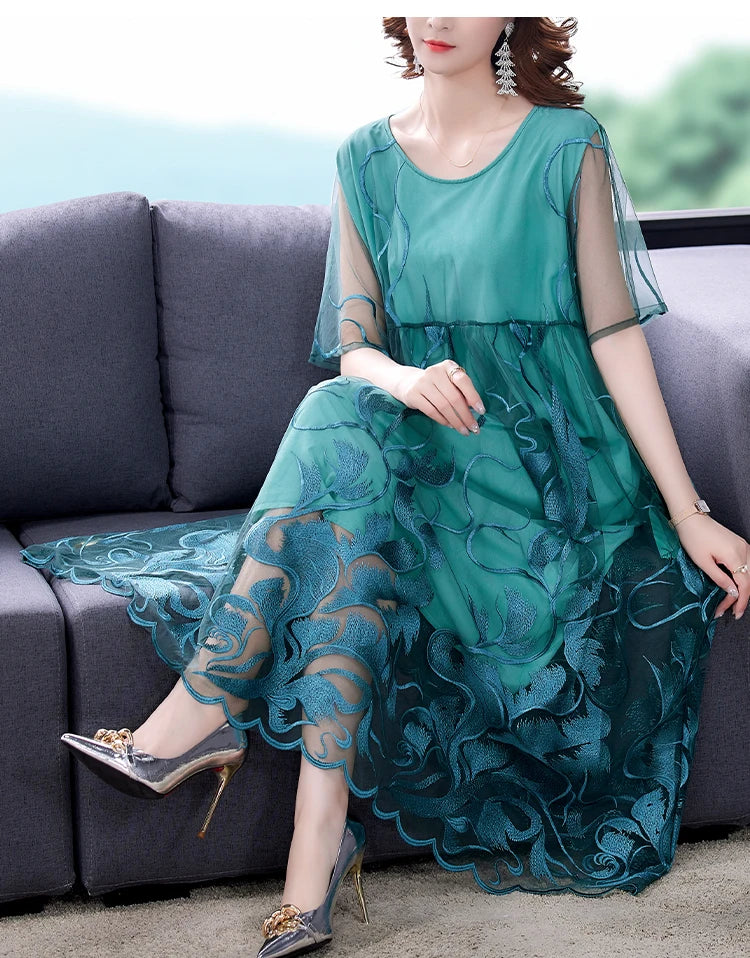 High Street Natural Silk Floral Embroidery Midi Dress Summer Casual Vintage Loose Beach Dress 2024 Women Elegant Party Vestidos