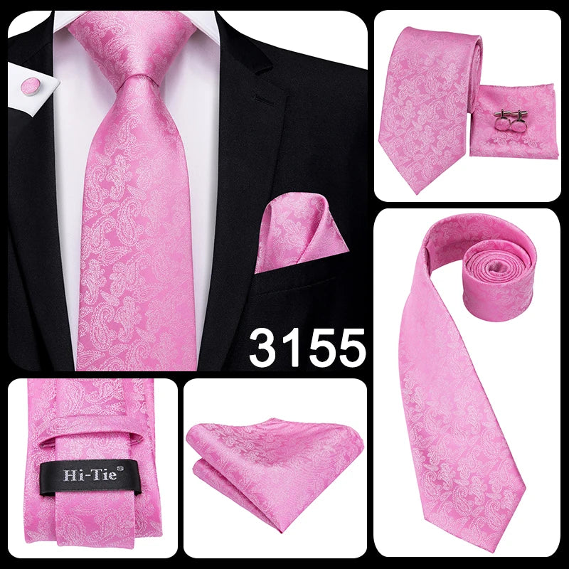 Hi-Tie Silk Men Tie Peach Pink Floral Wedding Necktie for Men Luxury Necktie Handkerchief Cufflink Fashion Design Business