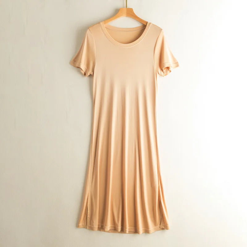 Knitted Silk Dress Solid Color Large Medium Long Mulberry Silk Short Sleeve Round Neck Bottomed Skirt
