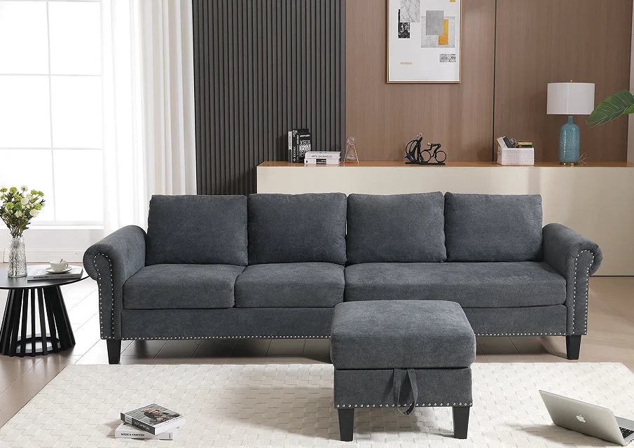 Convertible L-Shaped Sectional Sofa Set with Storage and Sofa Bed Four-Seater Linen Fabric