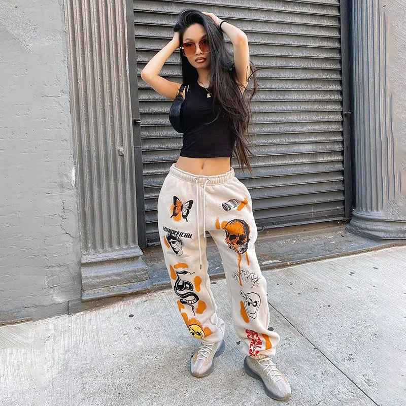 Sweatpants Women Hippie Cartoon Printed Trouser Joggers for Women Drawstring Cargo Pants Streetwear Casual Sweatpant Vamos Todos