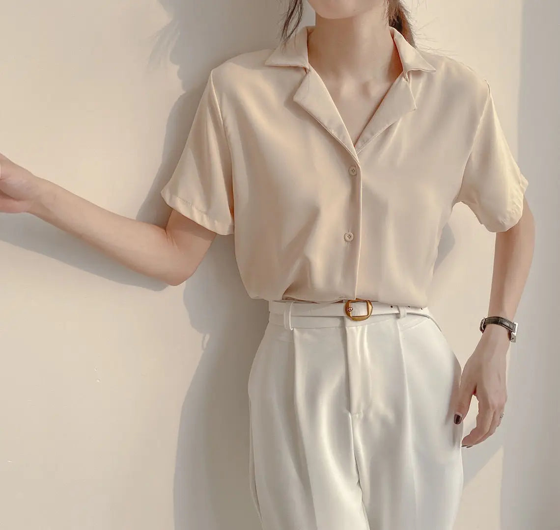 Women Summer Elegant Solid Chiffon Blouses Casual Turn Down Collar Short Sleeve Loose Shirts Korean Chic Top Female Tunic