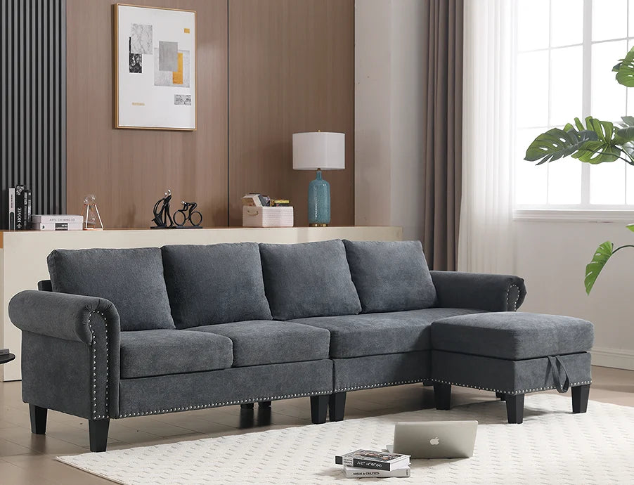 Convertible L-Shaped Sectional Sofa Set with Storage and Sofa Bed Four-Seater Linen Fabric